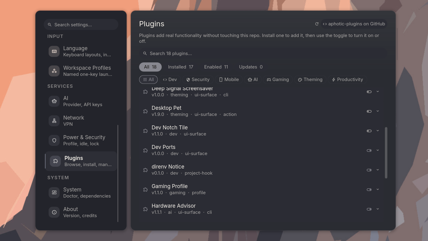 Settings, plugins